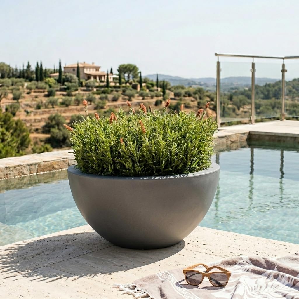 Casa Mina Esteras Pflanzkübel groß außen - Fiberglas Blumenkübel rund 60x31cm - Blumenschale für Draußen - Pflanzschale Frostsicher - Blumenkasten für den Garten - Bristol