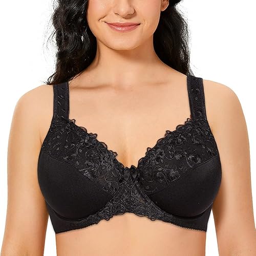 TELIMUSSTO Women's Full Coverage Floral Lace Underwired Bra Plus Size Non Padded Comfort Bra - 46I - Black