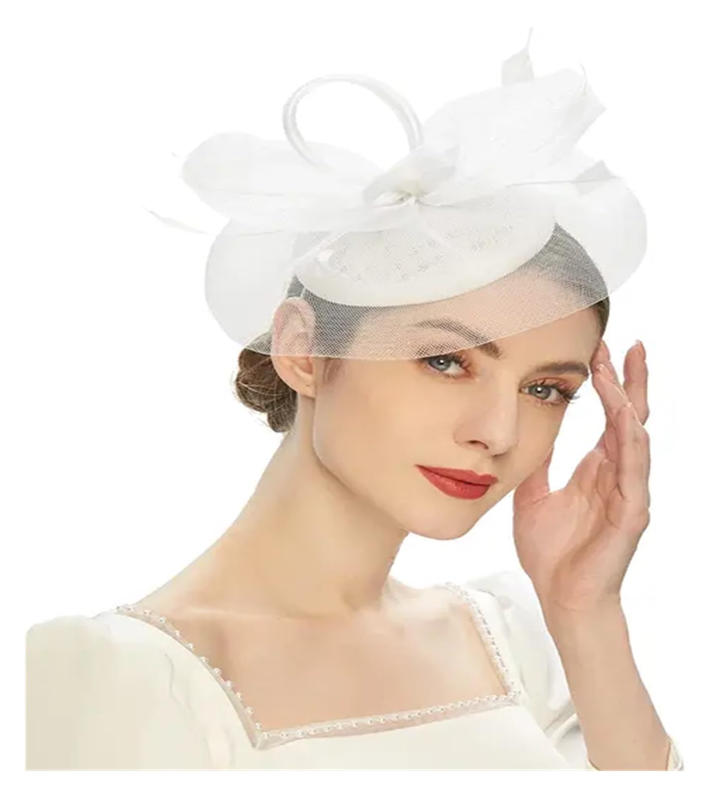 UALXPAO Wedding Hats Vintage Fascinators Tea Party Hats for Women with Feather Mesh Headband and Clip Bridal Wedding Headwear for Tea Party,Weddings(White)