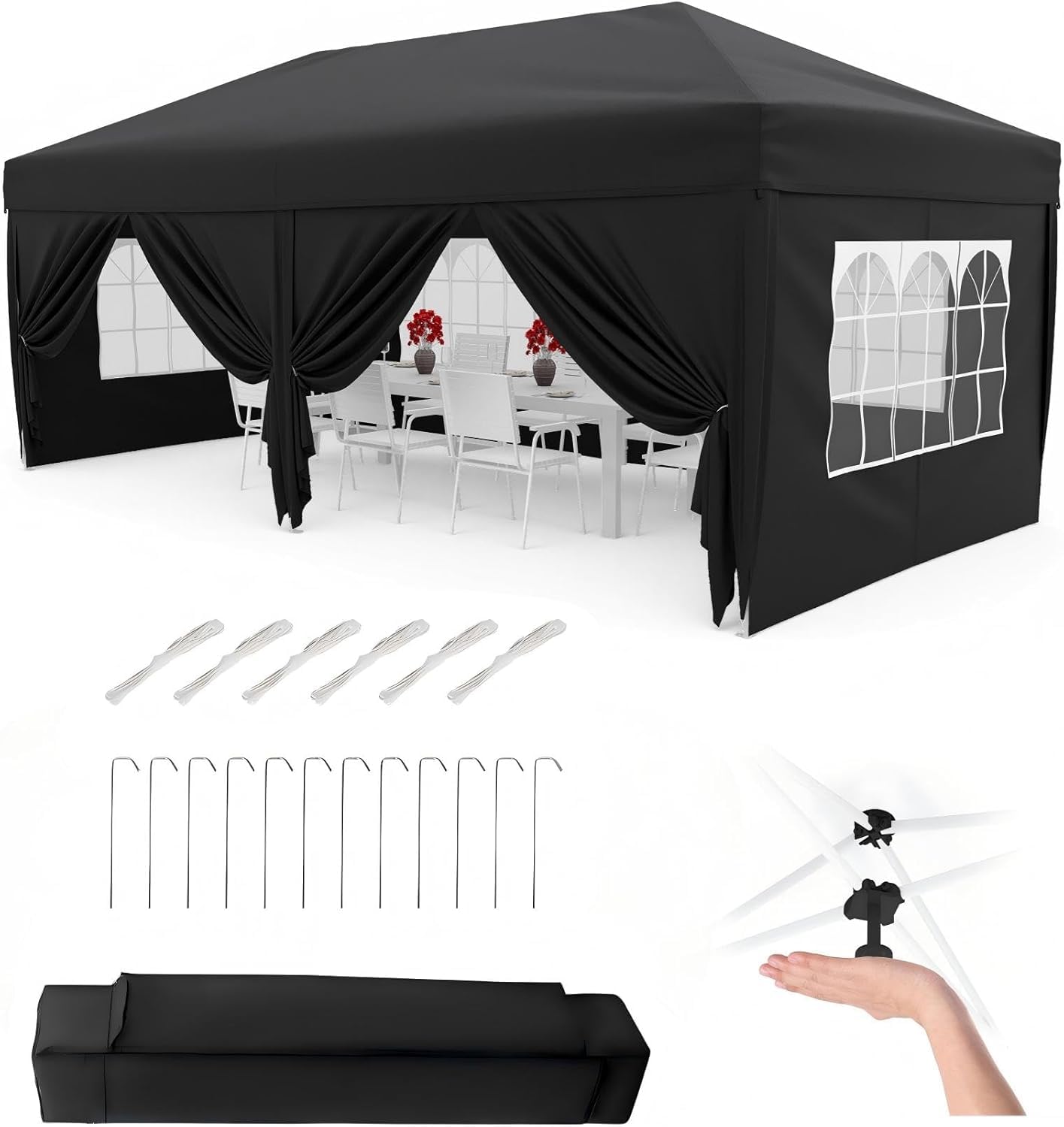 3x6M Pop Up Gazebo, Waterproof Outdoor Canopy with 6 Sidewalls, UPF 50+, Tool-Free Setup, 3 Height Settings, Carry Bag, 4 Weight Bags, 8 Stakes & 6 Guy Ropes,1 Pack