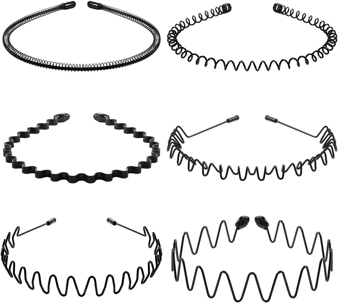 Metal Hair Bands for Men Women's Headbands Beauty Care, Unisex Black Wavy Spring Sports for Men's Hair Band Hoop Clips Women Accessories Simple Elastic Non Slip Wide Headwear Bandeau Outdoors (6 pack)