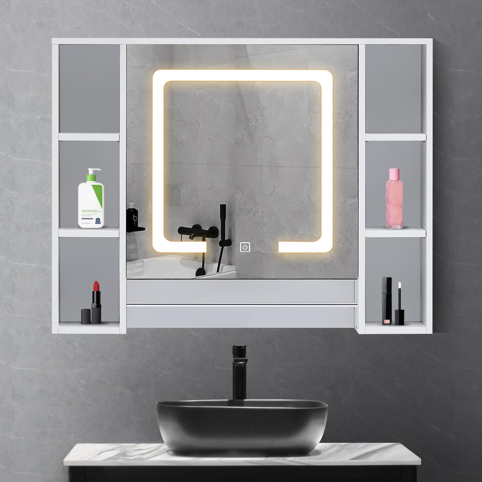 OFCASA Armario de Baño con Espejo y luz 1 Puertas 90 * 70 * 15.5cm, Armario de Pared Baño con Toallero y 6 Estantes Abiertos Blanco, Mueble para Baño Interruptor Táctil Estilo Moderno