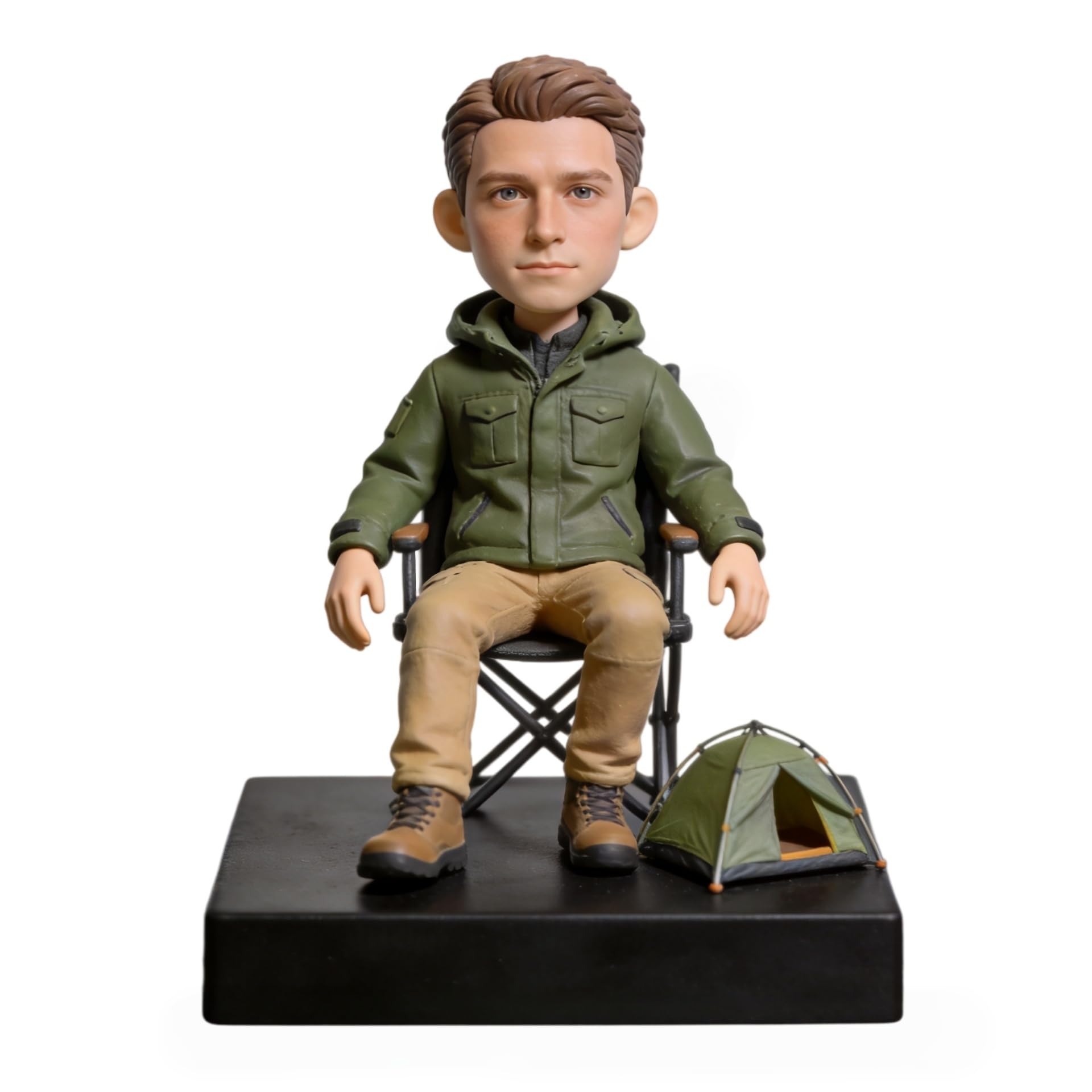 Bobblehead di camper personalizzato, statuetta 3D personalizzata da foto, statua a corpo intero in argilla polimerica fatta a mano, con mini accessorio per tenda, decorazione da scrivania per