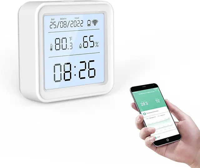 Imagen relacionada con eMylo WiFi Termómetro Higrómetro, Bluetooth Sensor Digital Interior de Temperatura y Humedad con Almacenamiento de Datos y Función de Alerta para Habitación para Hogar, Bodega