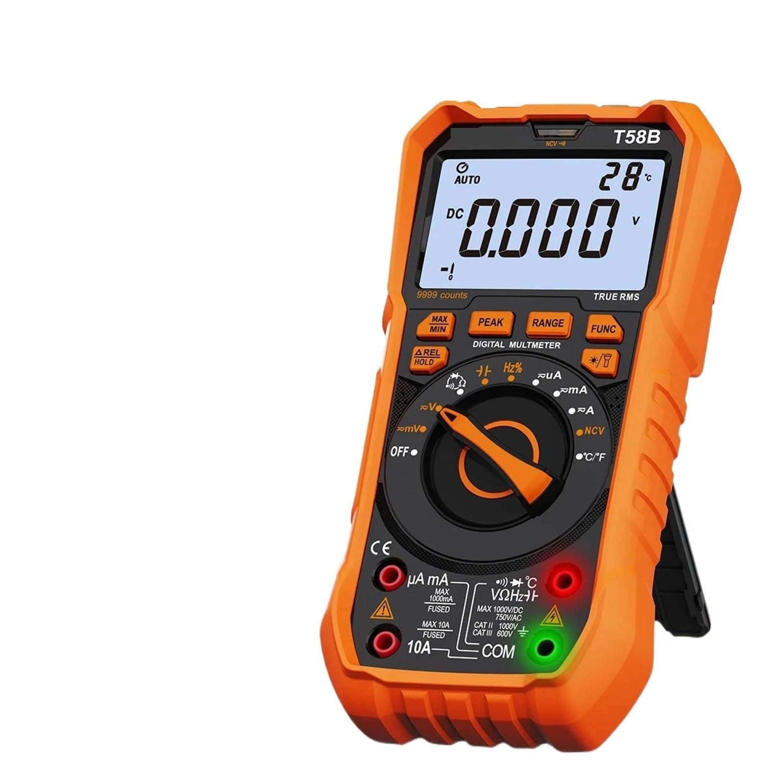 Multimetr cyfrowy T58B 1000V z podstawką, inteligentny wyświetlacz z podświetleniem i wskaźnikiem JACK ze światłem LED, 9999 zliczenia, podwójny wyświetlacz danych