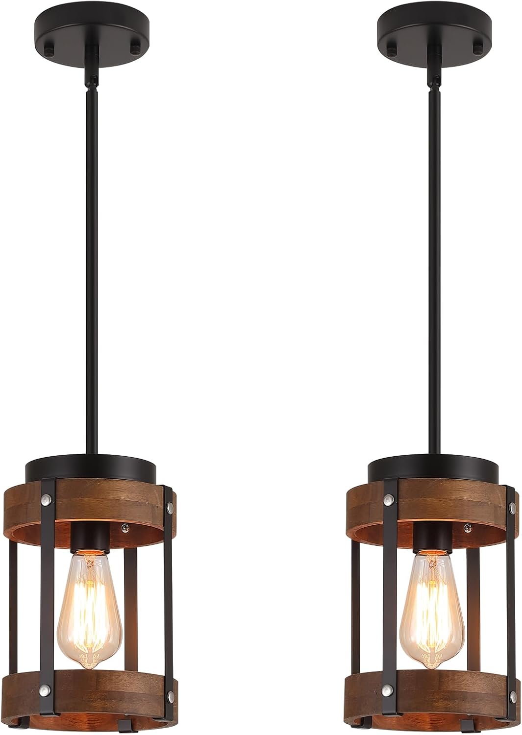 2 Pack Rustic Farmhouse Wood Pendant Light Fixture One-Light Adjustable Rods Oak Wood and Metal Drum Cage Small Pendant Lighting for Kitchen Island Sink Hallway Bathroom Bar Farmhouse, Black