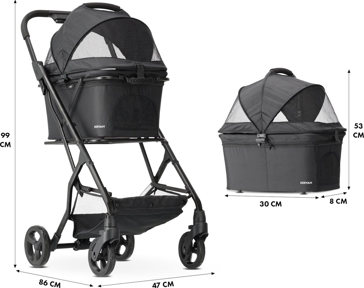 Deryan Luxus-Klappbarer Hundewagen, Katzenbuggy – Haustier-Kinderwagen – Bis zu 18 kg – Schwarz