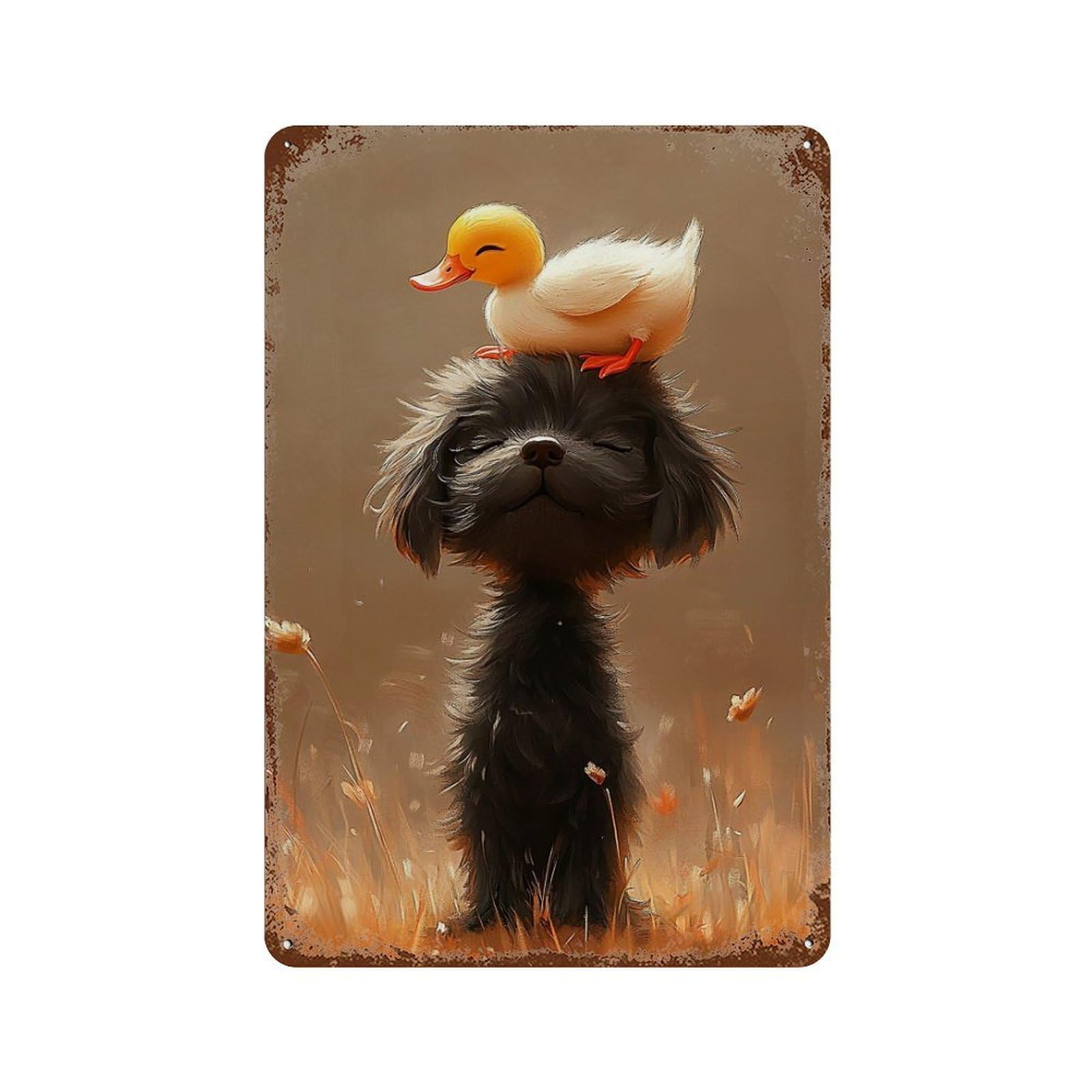 Garage Style Duck on Dog's Head Rusty Metal Tin Sign 11.8"x7.9", Classic Wall Plaque for Bar And Workshop