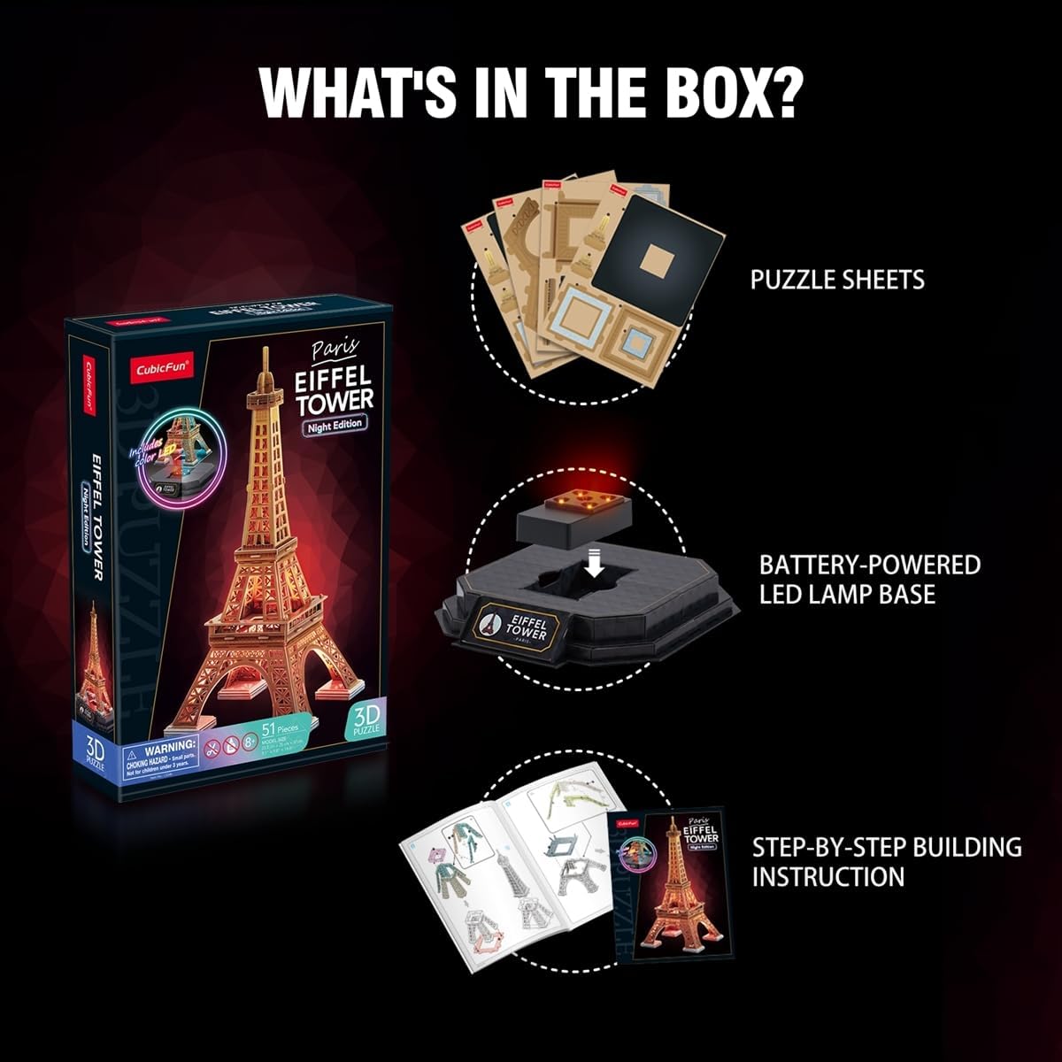 Contents of the CubicFun Eiffel Tower 3D LED Puzzle box, showing puzzle sheets, LED lamp base, and instruction manual