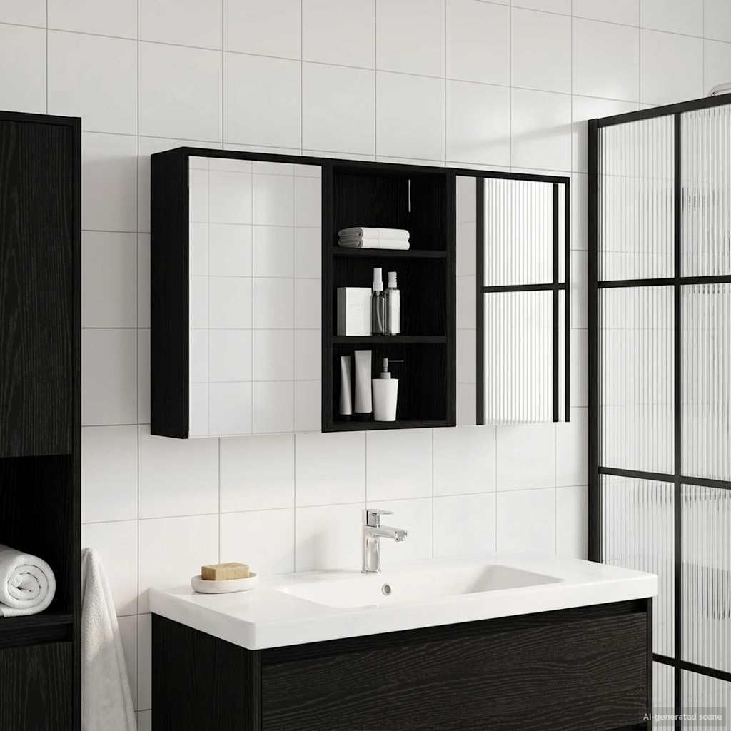 Set di mobili da bagno in legno, 3 pezzi, 126 x 16 x 62,5 cm, con illuminazione a LED, specchio a due vie, vano portaoggetti, montaggio a parete per mobili da bagno, mobiletto sottolavabo