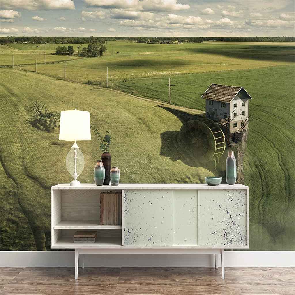 Paysage de pelouse verte en poster mural pour masquer un mur terne