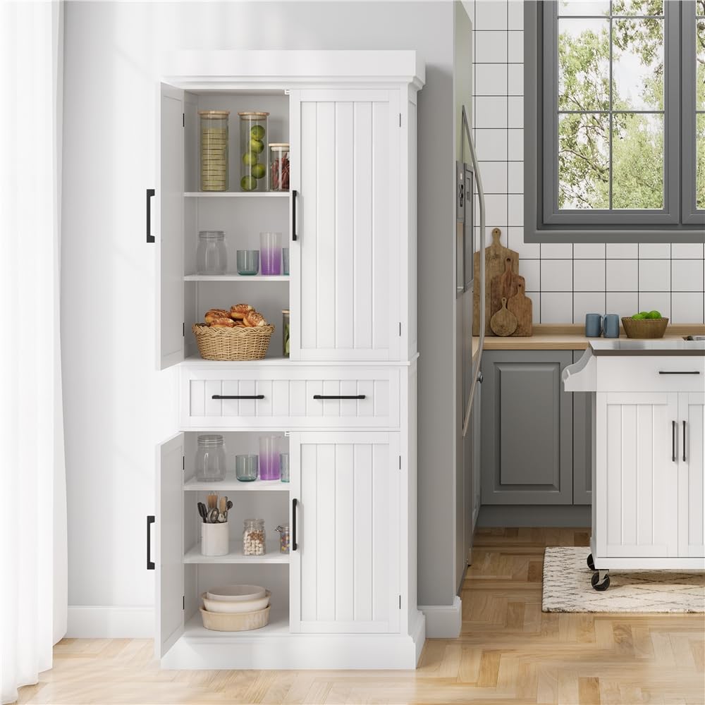 Yaheetech Credenza da Cucina Salvaspazio, Mobile Dispensa Alto Multiuso, Armadio da Soggiorno Bagno in Legno con 3 Ripiani Regolabili e 1 Cassetto 183.5x76.5x40.5 cm, Bianco