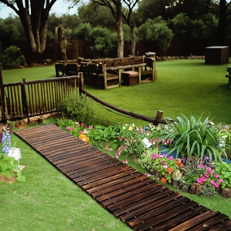 Holz Gartenweg Rollweg, Ausrollbarer Holzweg 3.66 Meter, Holztritt Gartentritt Gehweg Wege im Garten, Hinterhof, Terrasse, Bodenbelag, Hochzeit Deko (Dunkelbraun, Gebogen 10FT)