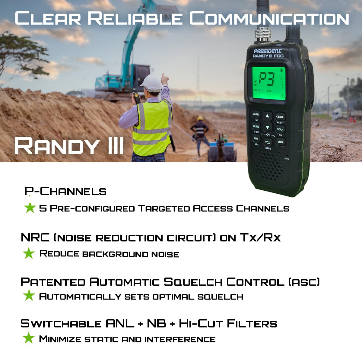 President Randy III FCC AM/FM Handheld CB Radio w/P Channels, NRC, Desktop Dock & Mobile Charge Module, 7Color Display, ASC, VOX, CTCSS/DCS, Weather Channel, Scan Skip, Flashlight, Key Lock (TXUS722)
