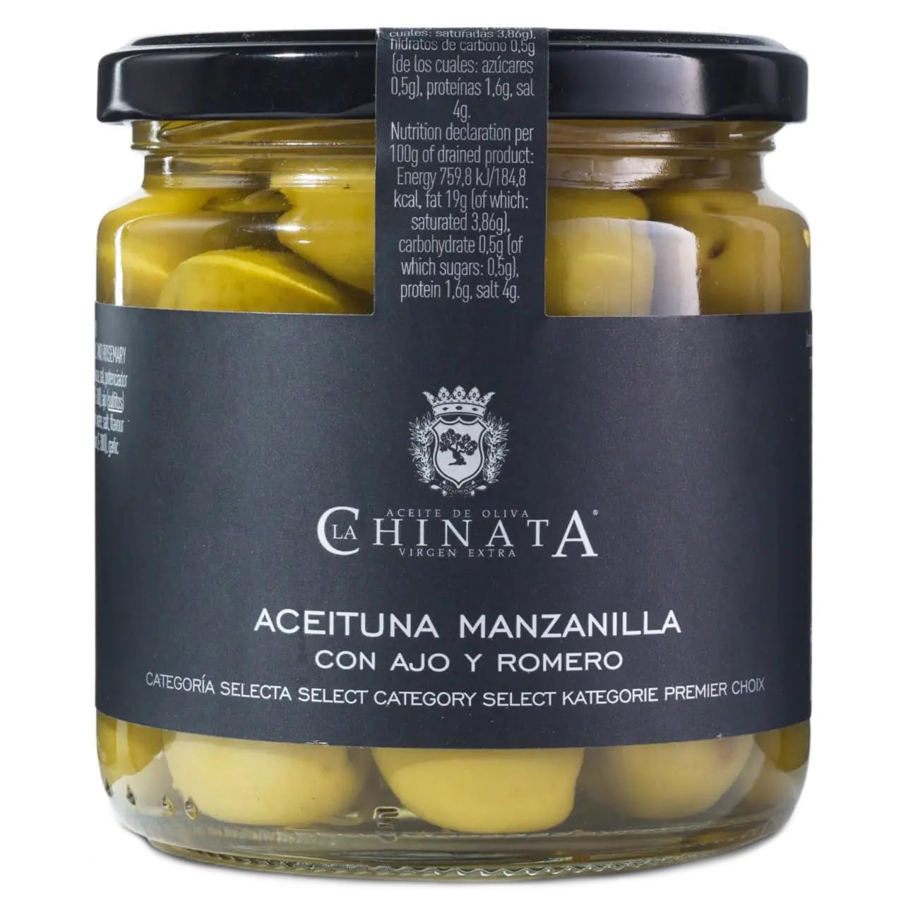 La Chinata Aceituna Manzanilla con Ajo y Romero 340g Bote de Cristal