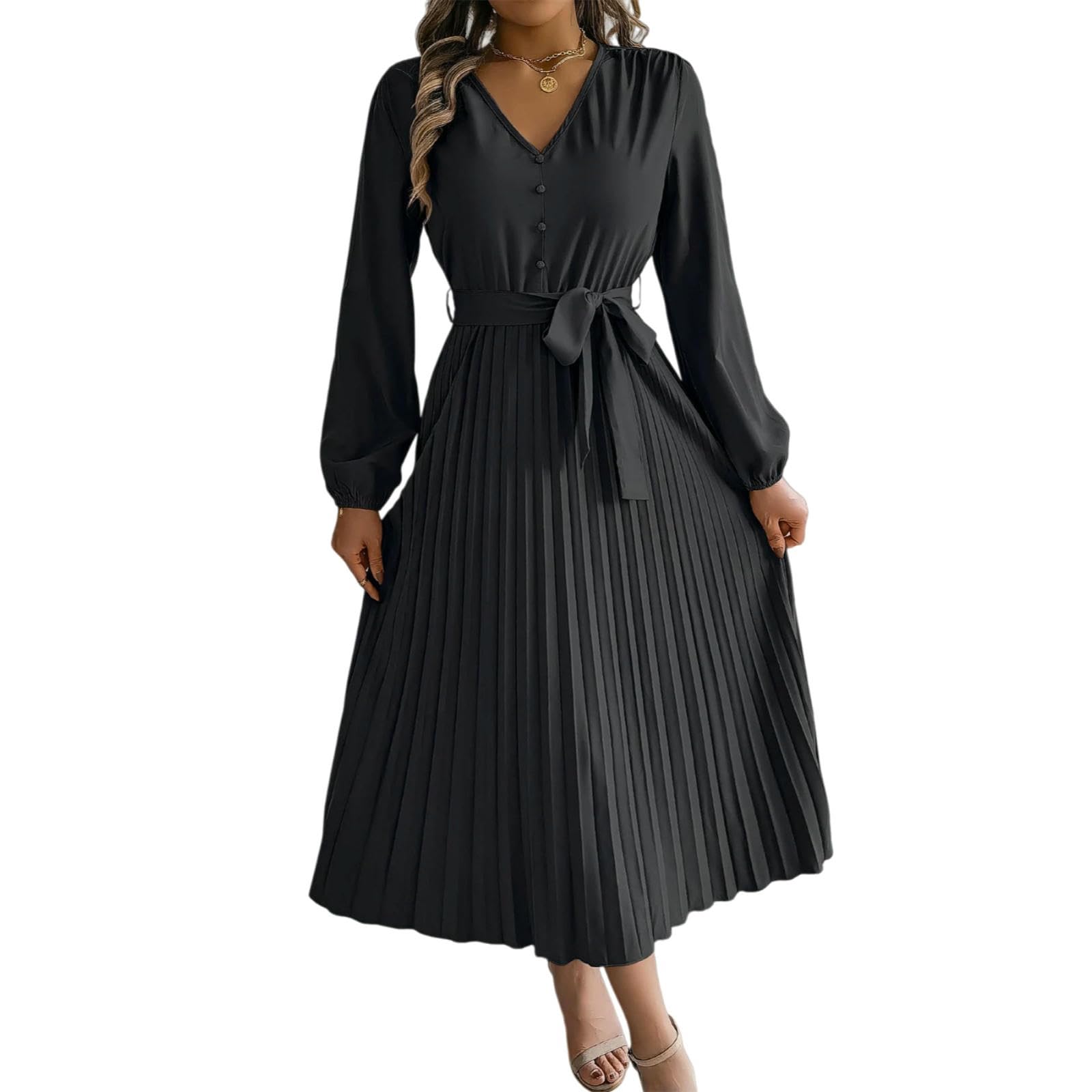 Vestito Manica Lunga Donna Plissato Maxi Abito, V Collo Pizzo su Bottone Dettaglio Elegante per L'autunno Inverno Casual & Indossamento Serale-Khaki-s
