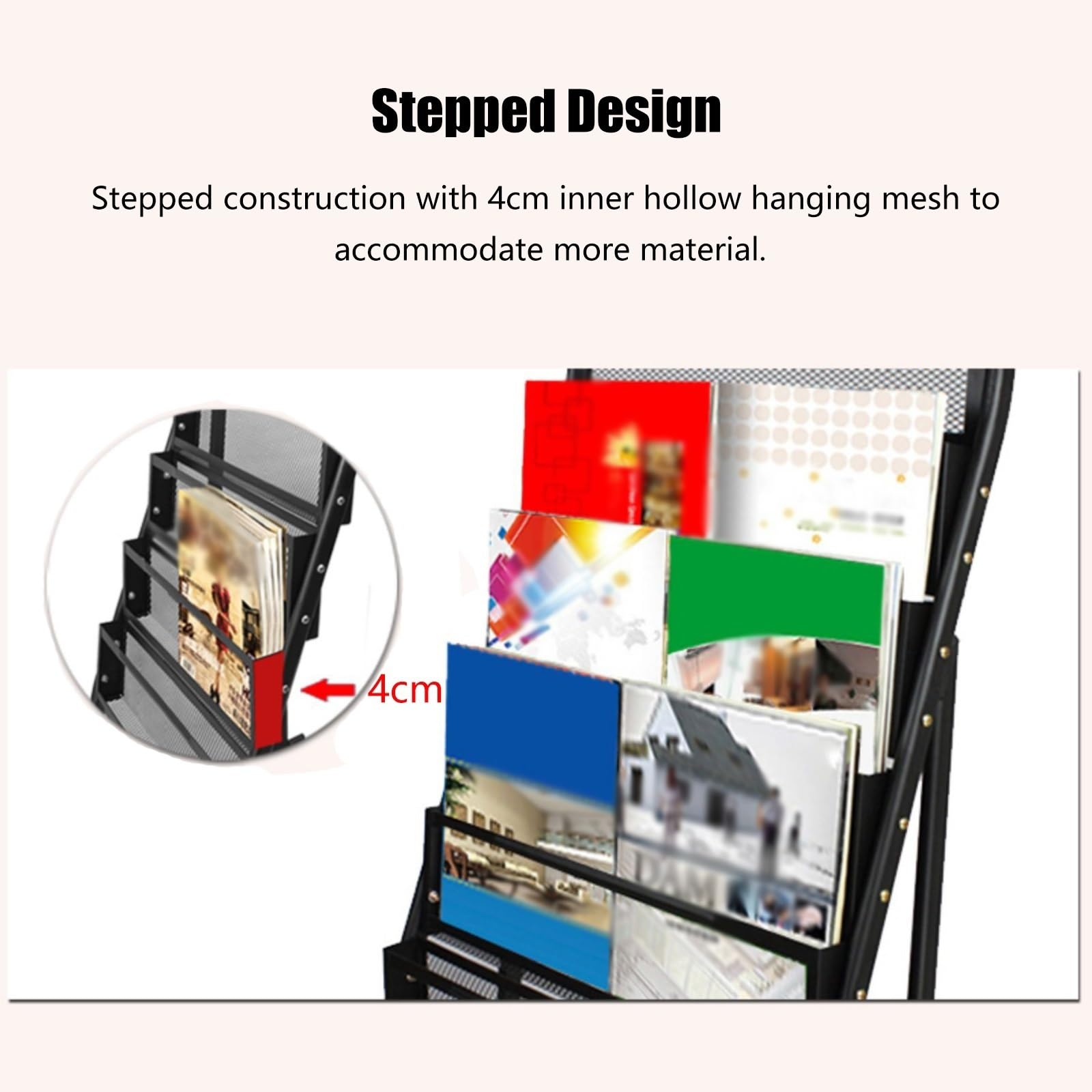 zeitungsständer Prospektständer Boden, Metall-Magazinständer 7-lagig Mit Rollen, Easy Move Informationshalter Für Messe, Ausstellungen, Büro, Einzelhandel ( Color : Black , Size : LxWxH 48x38x135 cm )