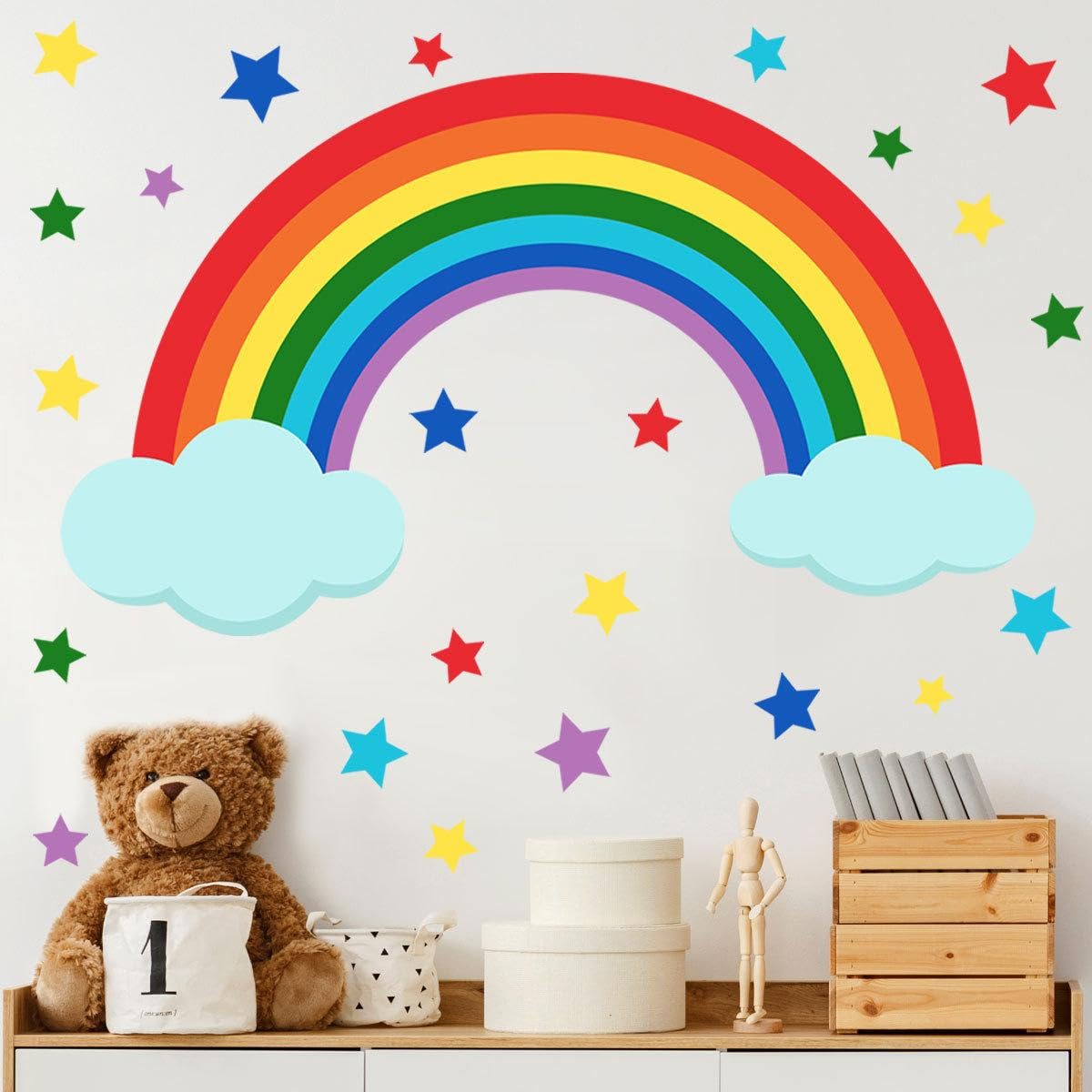 Rangoli Colorful Rainbow & Stars Wall Sticker for Kids Room – Removable Vinyl Wall Decal with Clouds – DIY Decoration for Nursery, Bedroom & Playroom – Size 60.96 x 91.44 cm