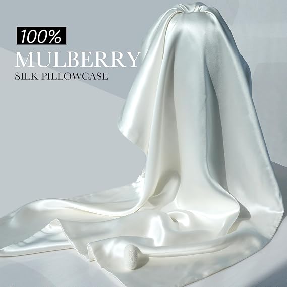 100% Mulberry Silk Pillowcase for Hair and Skin, 22 Momme Pure Natural Silk Pillow Case Both Sided with Zipper, Pillow Cover for Women Mom Men (Ivory White, Standard 20''26'', 1 Pack)