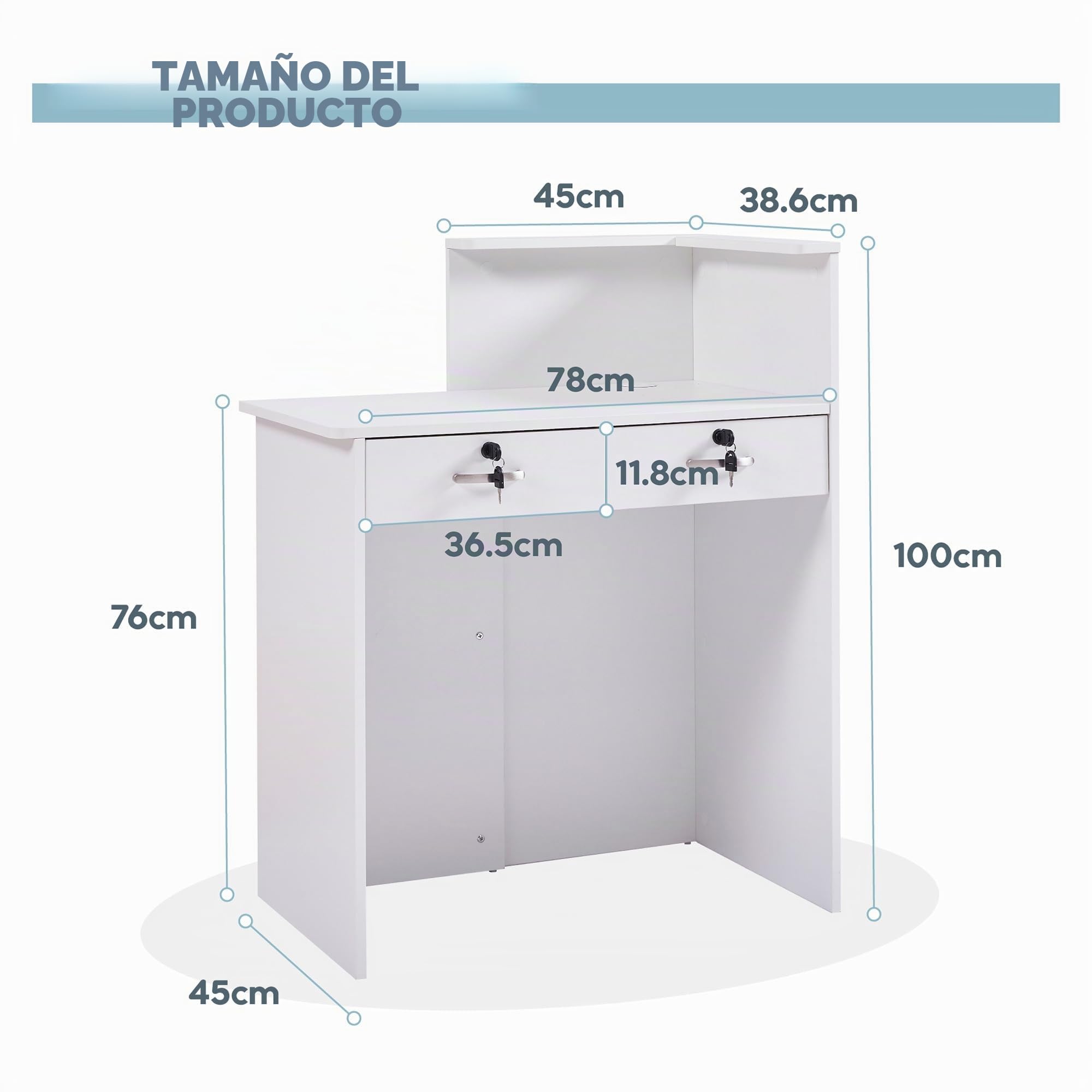 Mostrador de Recepción Moderno 80 cm, Mueble de Oficina de MDF con Cajón con Cerradura y Estantes Abiertos, Escritorio de Recepción para Peluquería, Centro de Belleza, Tienda, Hotel y Oficina