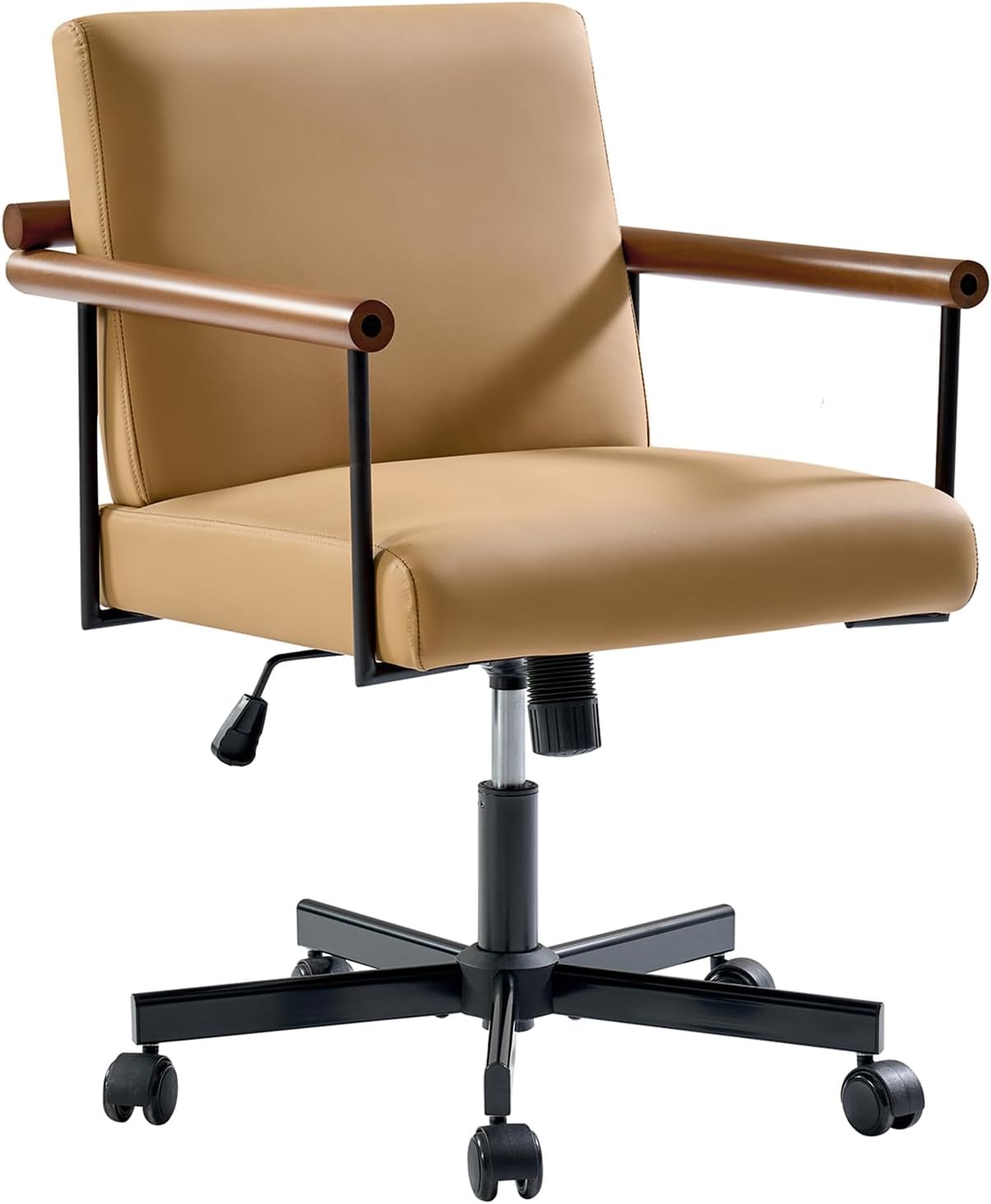 Llawn view of the HULALA HOME Office Chair in Camel faux leather with wooden armrests and metal base.