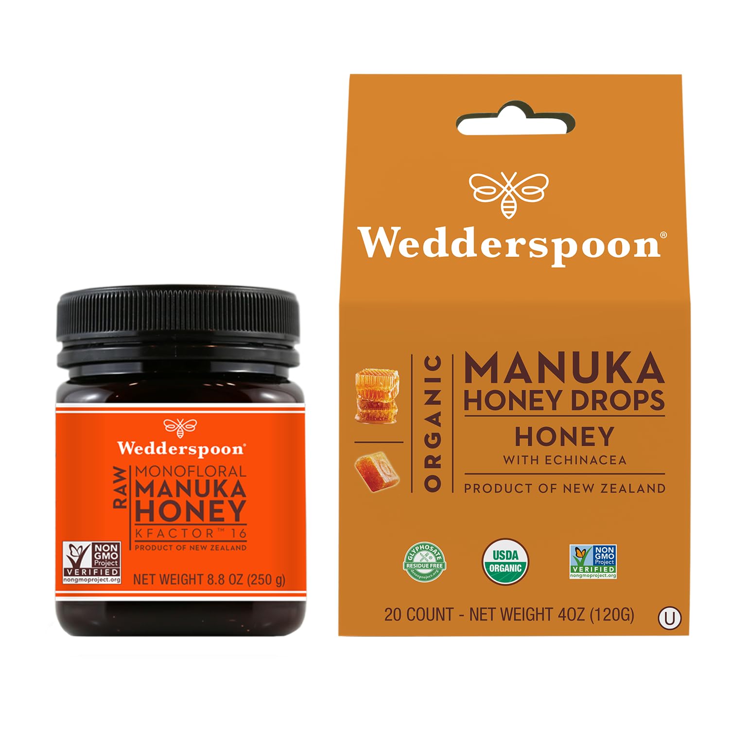 Wedderspoon Raw Premium Manuka Honey KFactor 16 (8.8 Oz, Pack of 1) and Manuka Honey Drops Honey & Echinacea (20 Count, Pack of 1) - Genuine New Zealand Honey, Perfect Remedy For Dry Throats