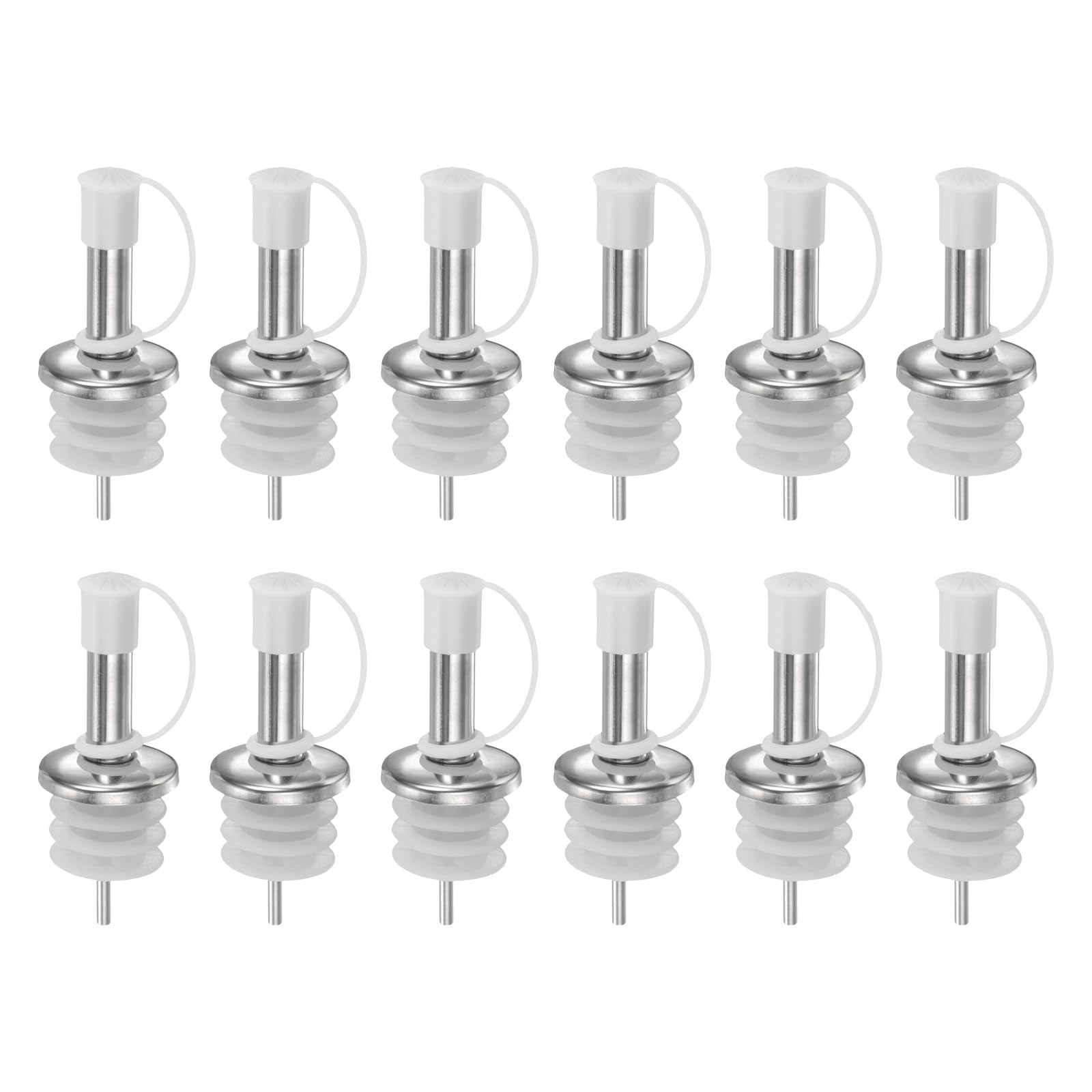 Vertedores de vino y licor de acero inoxidable con tapones protectores blancos, 12 uds.