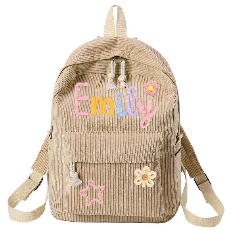 Personalized Corduroy Backpack for Girls Boys, Custom Name School Bag with Cotton Rope Woven, Customize Back to School Bag Gifts for Kids, Birthday/