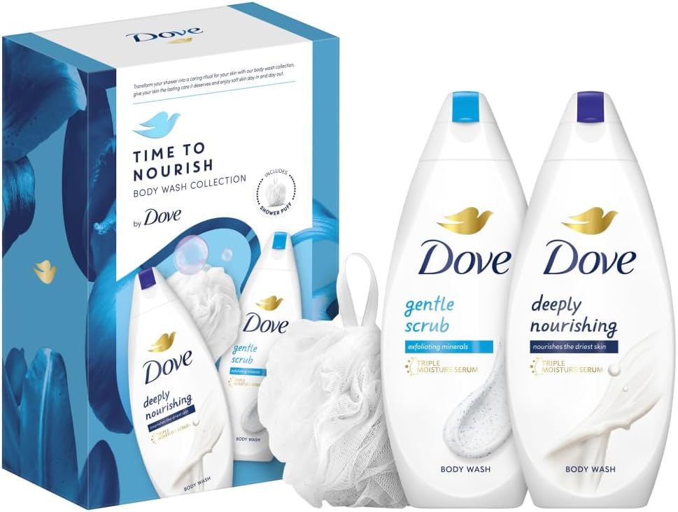 Dove Time to Nourish Body Wash Collection Gift Set with a luxury shower puff perfect gifts for her 2 piece