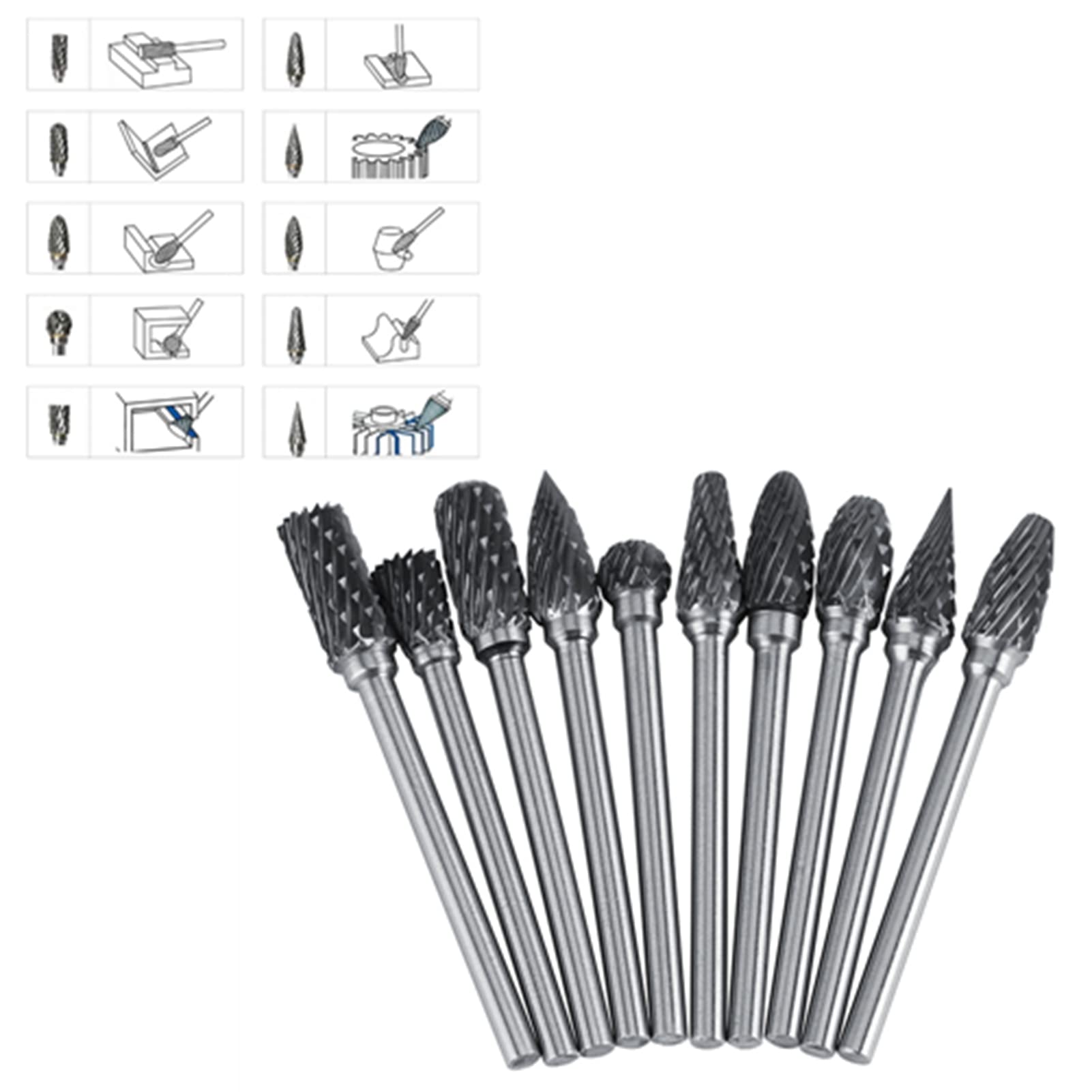 10 Pièces Carbure de Tungstène Acier Limes Rotatives Ensemble de Fraises 3mm Tige 6mm Diamètre de la Tête de Coupe pour Meuleuse Outil de Forage Rotatif(Double pattern)