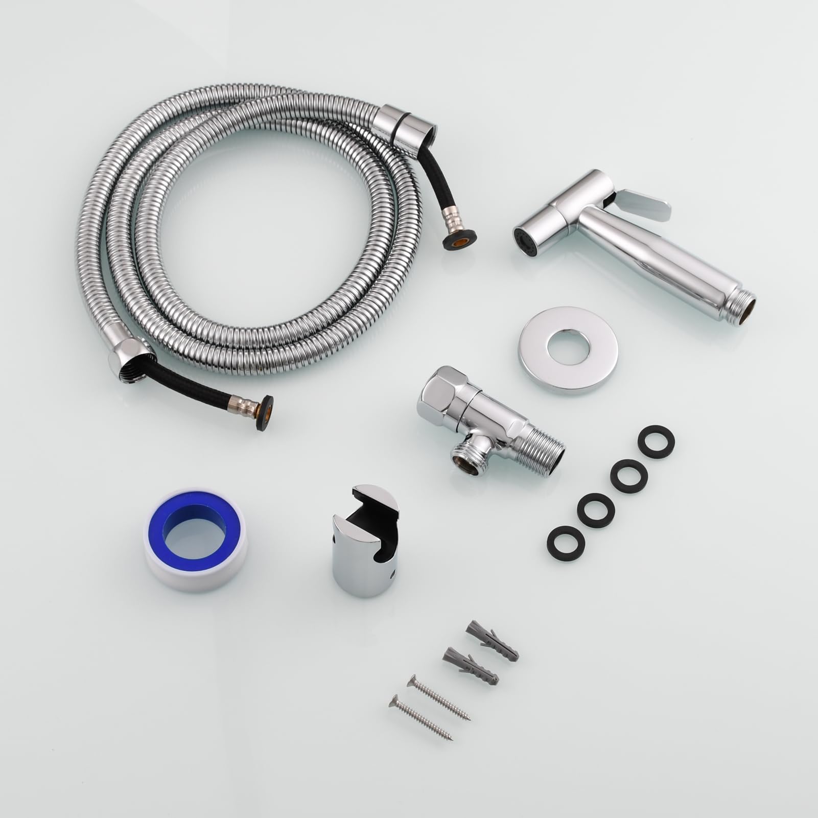 Tecmolog Douchette WC Kit Complet Acier Inox Douchette Toilette Eau Froide avec Flexible, Support, Chromé, WS024DF3