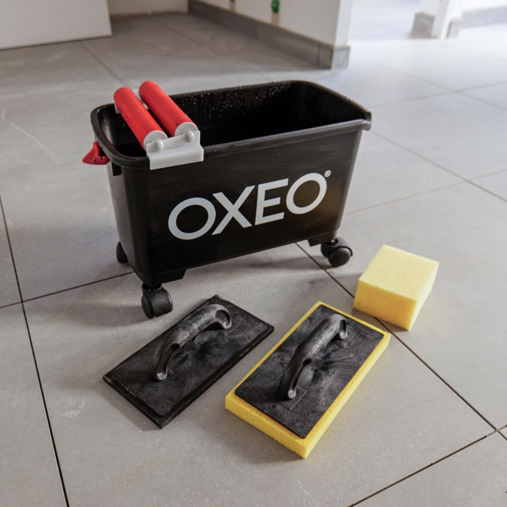 Kit de lavage spécial joints de carrelage pour carreleur - Bac 24L sur roulettes - Taloche éponge - Platoir à jointer - Éponge