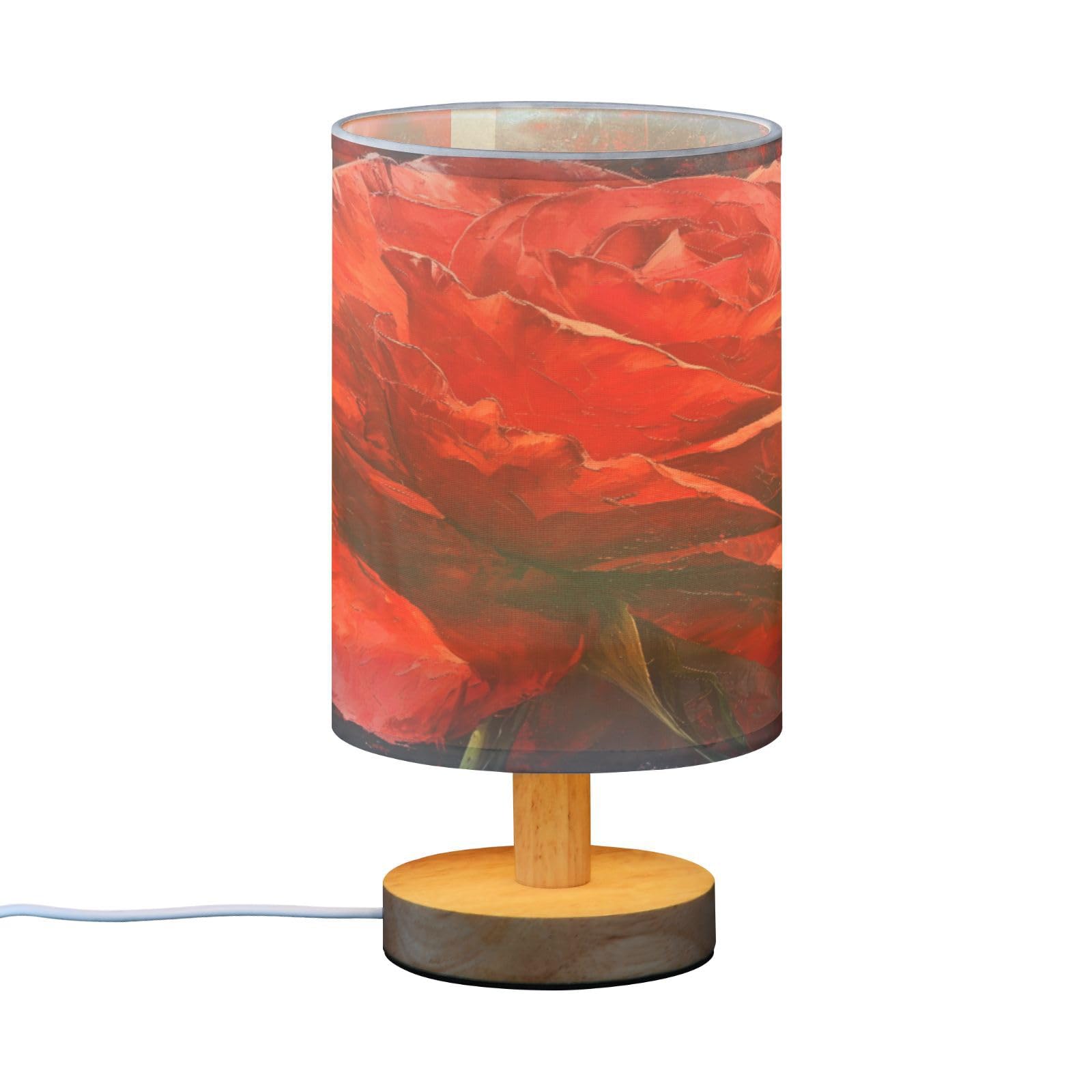 SDMKA Rose Oil Painting Bedside Table Lamp for Bedroom, Minimalist Nightstand Lamp with Round Fabric Shade for Living Room, Office, No Bulb Required