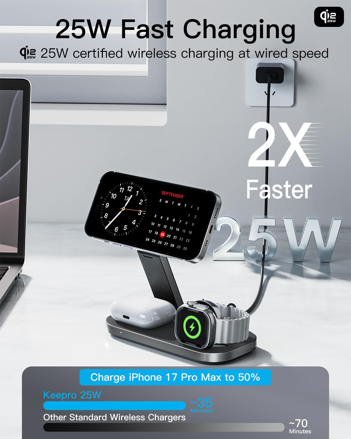 3‑in‑1 Wireless‑Ladestation mit Qi2 25 W, magnetisch und faltbar, kompatibel mit Mag‑Safe für iPhone Serie/Apple Watch & Air‑Pods