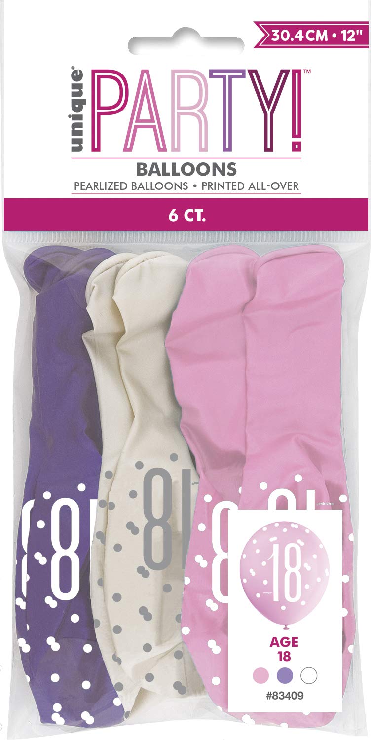 Vibrant 18th Glitz Petal Pink, Spring Lavender & White Latex Balloons (30cm) - Perfect for Birthday, Party Decor & More - 6ct
