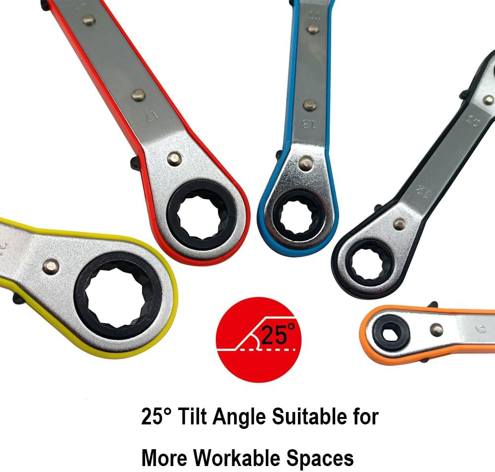MacWork 5-Piece Offset Ratcheting Wrench Set Five Colors Reversible Universal Ratchet Double Ring Spanners,Professional Heat Treated Alloy Steel Metric Combination