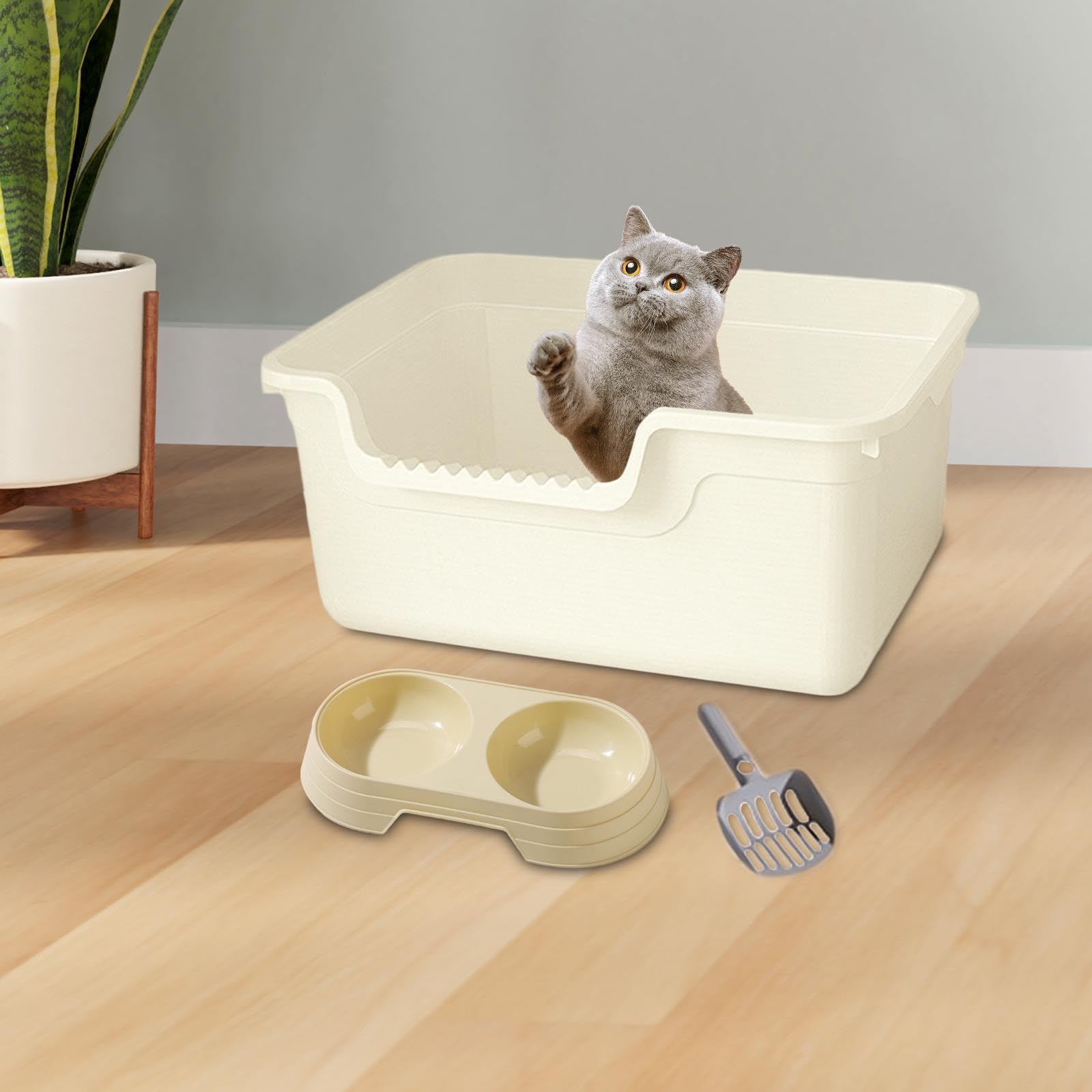 Juego de Arenero para Gatos de 3 Piezas, Bandeja Abierta con Bandeja de Arena Tamizada Y Recipiente para Arena con Cuchara, Fabricado en Material PP,