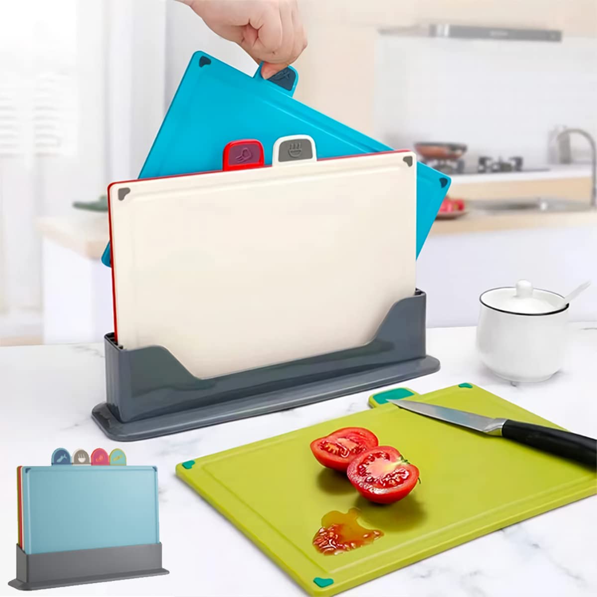 Cutting Boards Set 4pcs Chopping Board Kit with Drainage Holder Gripped Handle, Thick Cutting Mats with Stand Color Marked Plastic Non-slip Durable Kitchen Cutting Board for Meat Vegetable Fruit Fish
