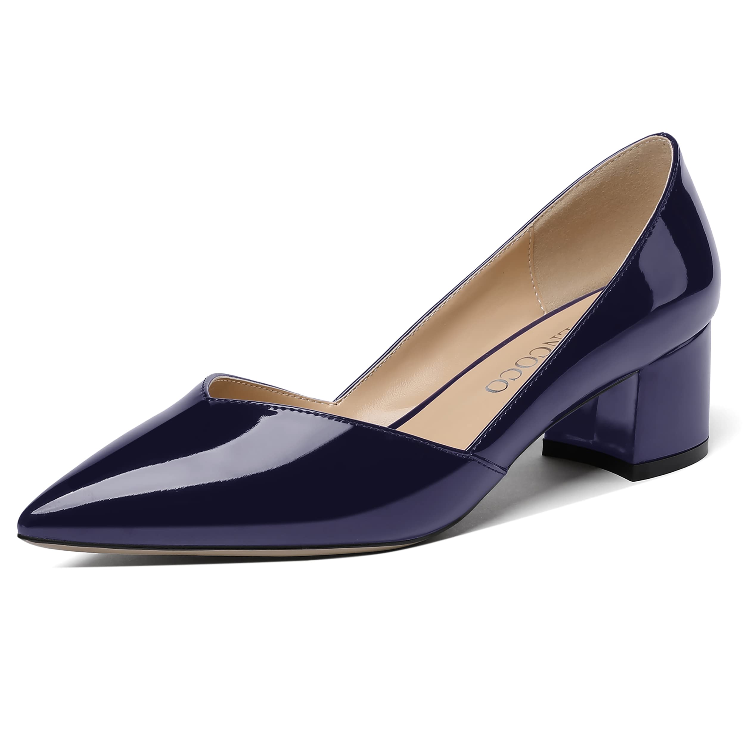 MODENCOCO Women's Patent Slip On Pointed Toe Cut Out Chunky Low Heel Pumps Shoes 2 Inch