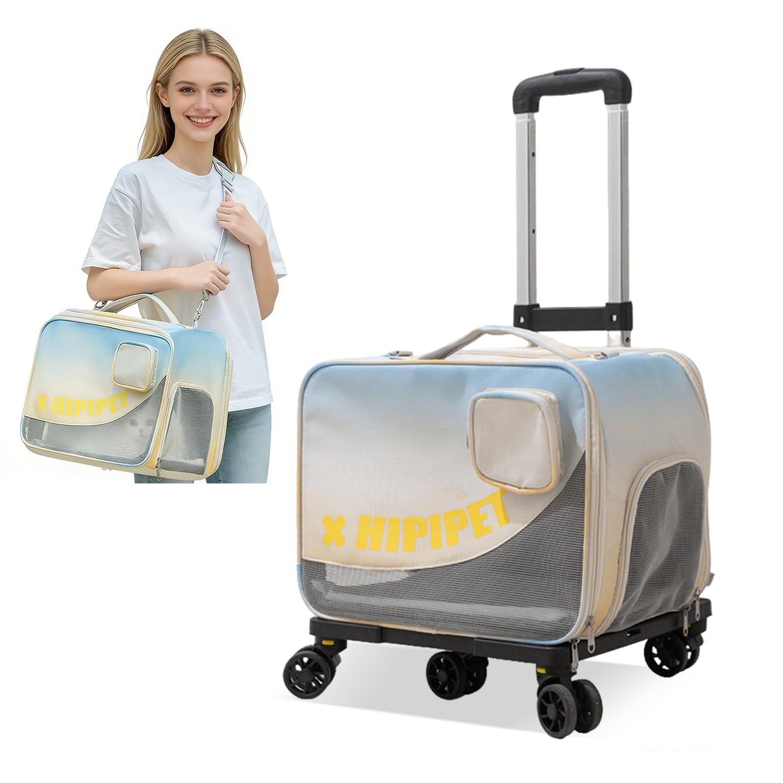 PETCUTE Grandes Caisse de Transport pour Chats avec roulettes Amovibles,Cage de Transport pour Chats et Petits Chiens,Sac de Voyage Pliable et Respirant avec Tapis Amovible, Idéal pour Les Voyages