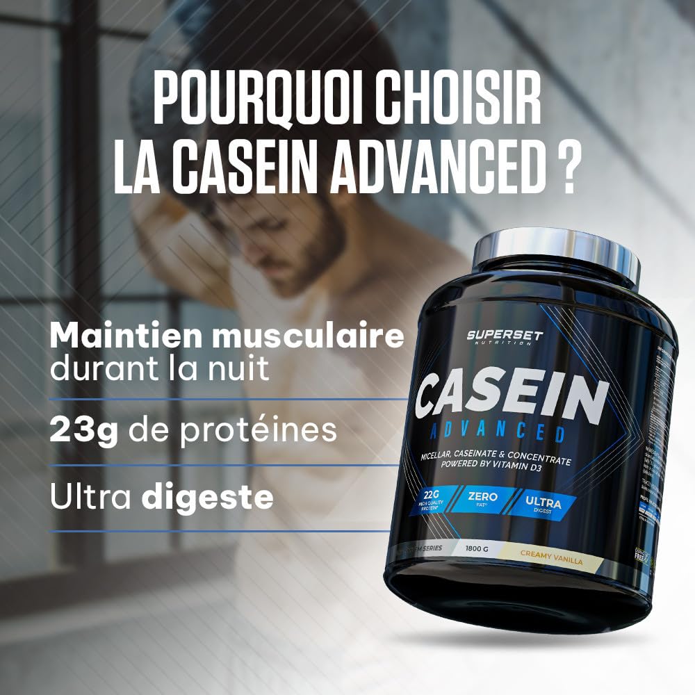 Superset Nutrition - 100% Casein Advanced (1,8kg) - Protéine à assimilation lente - Objectifs sèche, anti-catabolique et prise de muscle - Faible en sucres, Enrichie en vitamine D3 - Fraise Yogourt