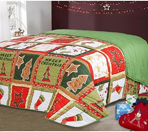 Christmas Reversible Patchwork Bedspread Throw Blanket Red Green Gold Tree Stocking (Christmas Patchwork, King (260x260cm))