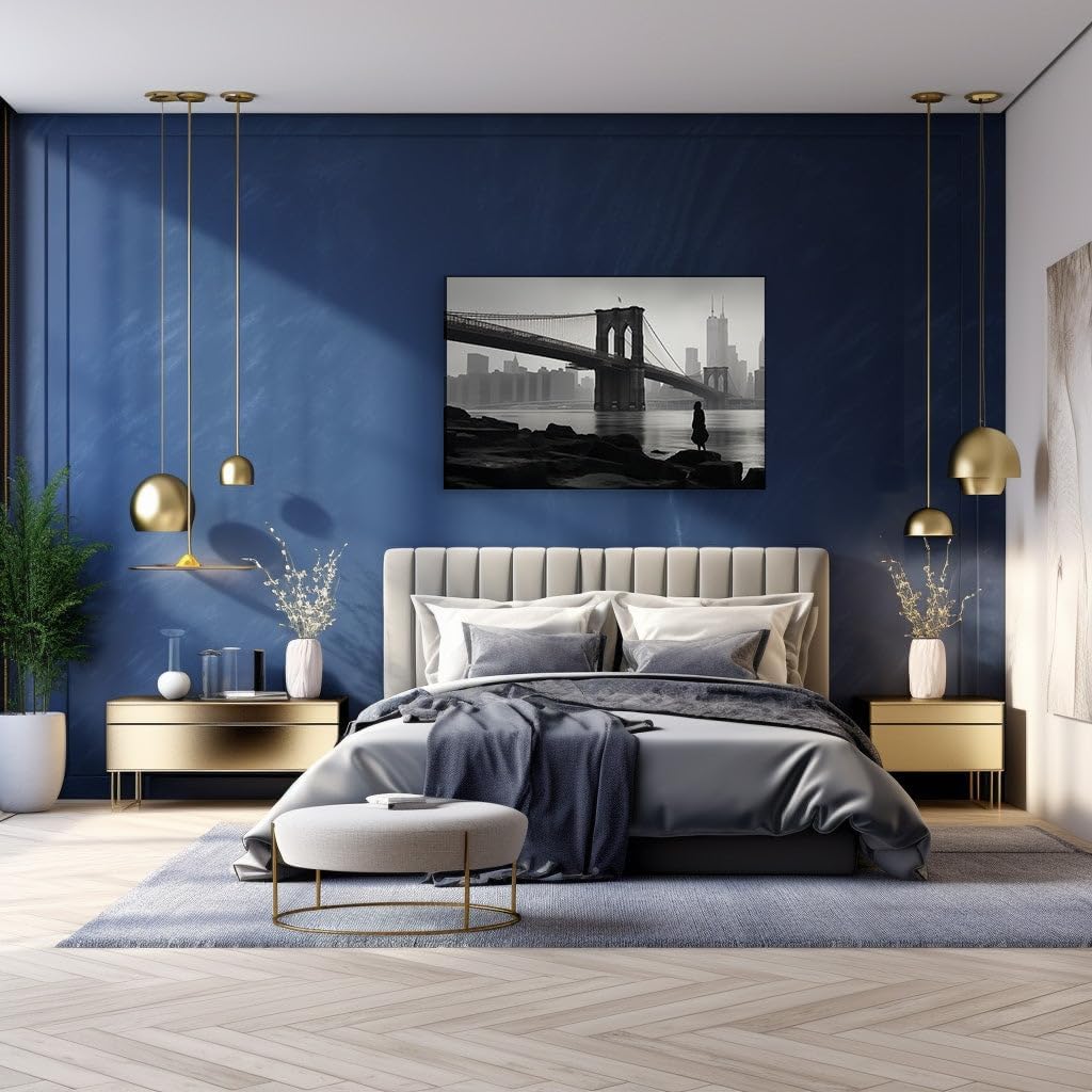 Canvas for Living room. Solitude in Silhouette: The Lone Observer and the Brooklyn Bridge Panorama, 27 x 18 inch Canvas Wall Art - Ready to Hang