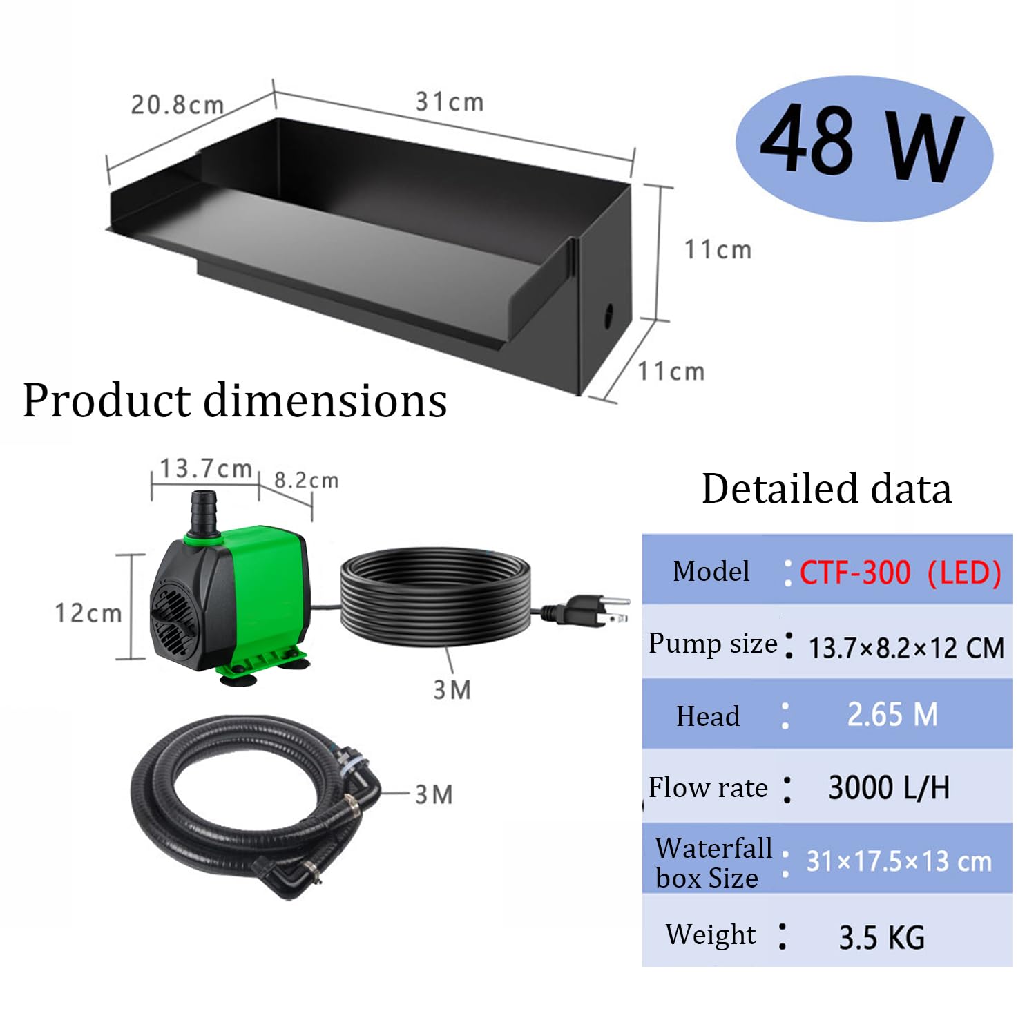 Conjunto De Cascada Estanque Jardin,Conjunto De Cascada para Estanque De Acero Inoxidable De 30 Cm,3000l/Hora,Cascada Decorativa para Jardines y Fuentes,48w,para Decorar Estanques En Jardines