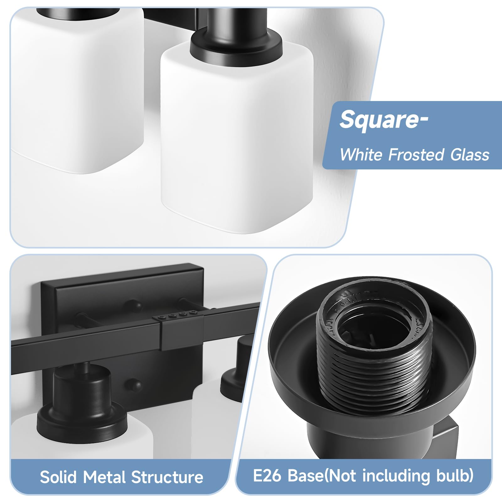 4-Light Bathroom Vanity Light Modern Matte Black Bathroom Light Fixtures with Square Frosted Glass Wall Sconces fixtures Over — view 2