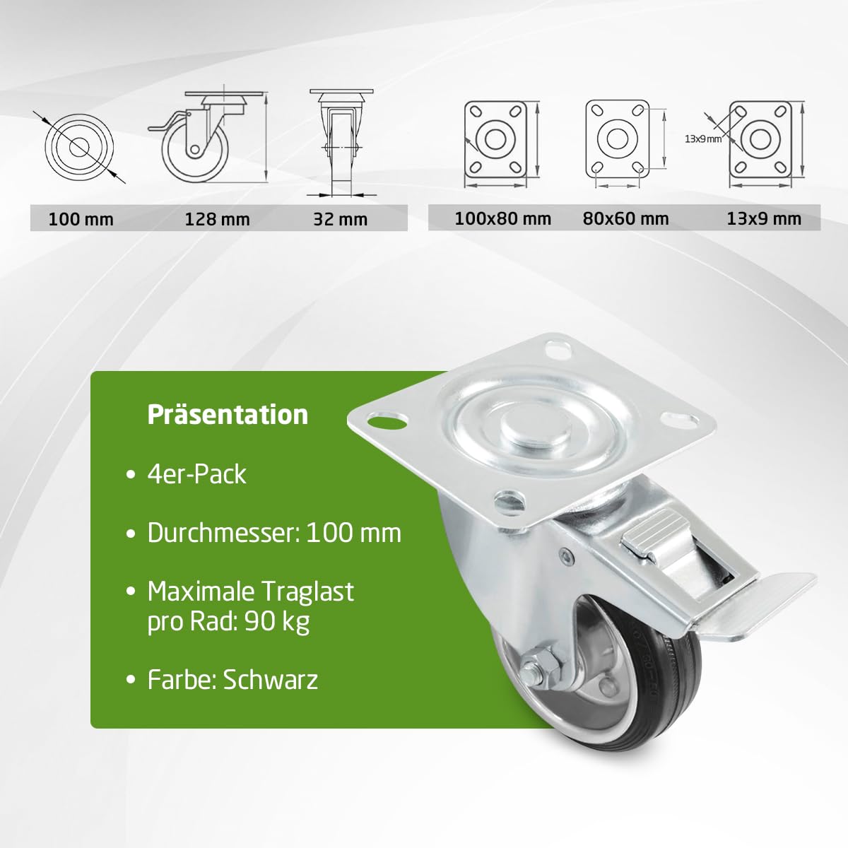 Amig - 4er-Set Möbelrollen - Ø 100 mm - Max. Tragfähigkeit pro Rolle 100 kg - Stahlplatte - Aus Gummi gefertigt - Ohne Bremse - Ideal zum Bewegen von Industriemaschinen und Schweren Möbeln