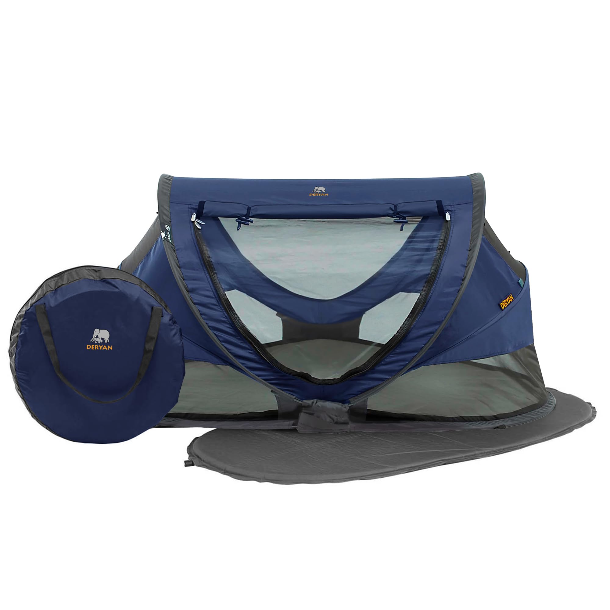 DERYAN Toddler Travel Cot with Mattress from Birth to 4.5 Years - Pop Up Bed Tent Set Up in 2 Seconds - Includes Mosquito Net and Travel Bag, Fast & Compact Folding, Lightweight (Navy) — image 1