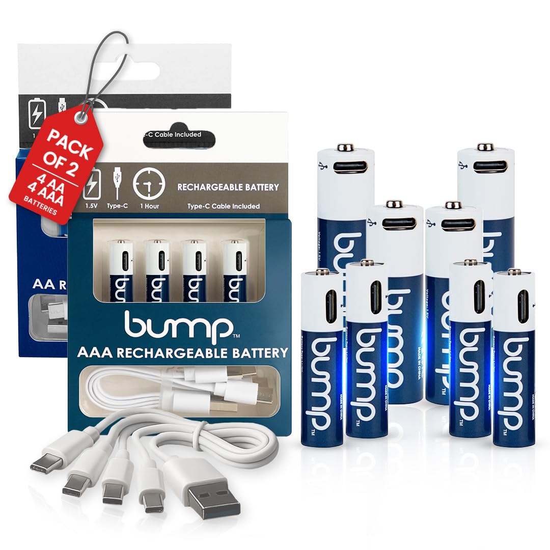 BUMP Rechargeable 4 AA and 4 AAA Batteries Combo Pack – 1.5V High Capacity Lithium Ion with USB C Fast Charging – Long Lasting Power for Remotes, Game Controllers, and More, Includes 4 in 1 Cable Cord