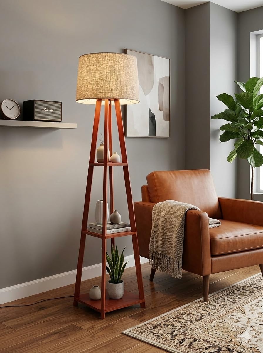 Wooden Floor Lamp Decore Your Home and Living Room Three Shelve Shade Red with Bulb Included-image-42
