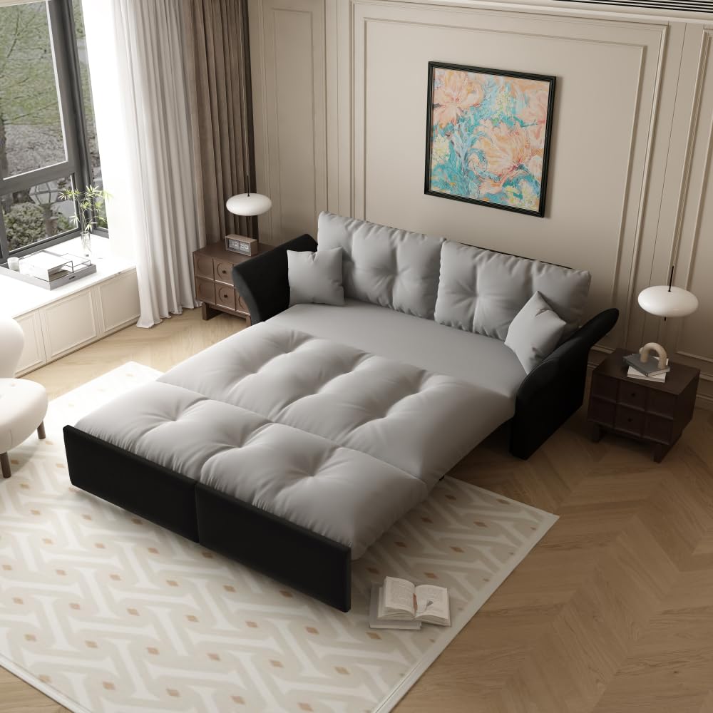 Sapgaks Canapé lit gigogne 190 cm (Taille Queen),canapé Convertible 3 en 1 avec capitonnage et 2 Coussins Moelleux, revêtement en Velours Multifonctionnel (Gris Clair)
